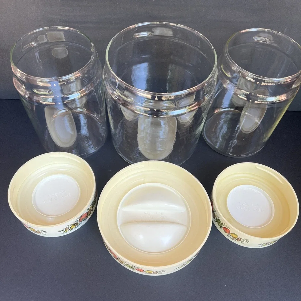 VTG Pyrex Spice O Life Store N See Canister Set of 3 Glass 1970s W/ Seals USA